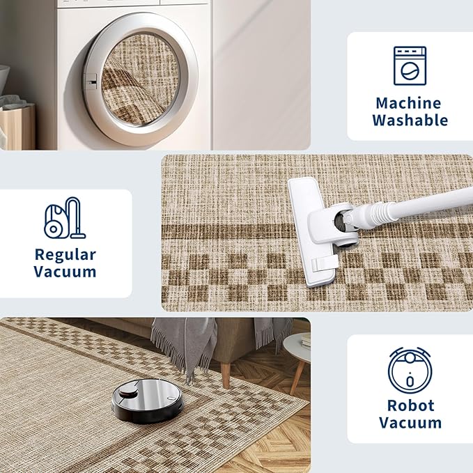 Small Area Rug 2x3 Modern Checkered Entry Rug Solid Color Scalloped Kitchen Rugs Washable Bedroom Doormat Non Slip Stain Resistant Bordered Throw Carpet for Living Room Nursery Laundry, Taupe