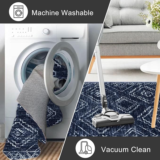 KILOCOCO Boho Kitchen Runner Rug 2x6 Washable Runner Rug, Soft Runners for Hallways Non Slip Printed Distressed Laundry Room Rugs, Low-Pile Rugs for Entryway/Bedroom/Living Room, Dark Blue