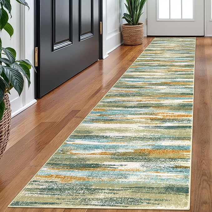Modern Abstract Runner Rug 2x10, Green Mustard Multi Washable Long Kitchen Runner Non-Slip Soft Hallway Rug Runner Thin Print Faux Wool Carpet for Entryway Bedroom Laundry Room Indoor