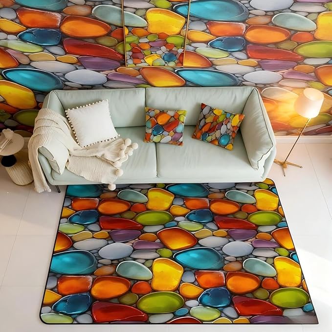 Cobblestone 5x7 Area Rug Rainbow Pebble Living Room Rug | Garden Gravel Stone Rugs for Bedroom, Watercolor Cobble Carpet Indoor Floor Mat