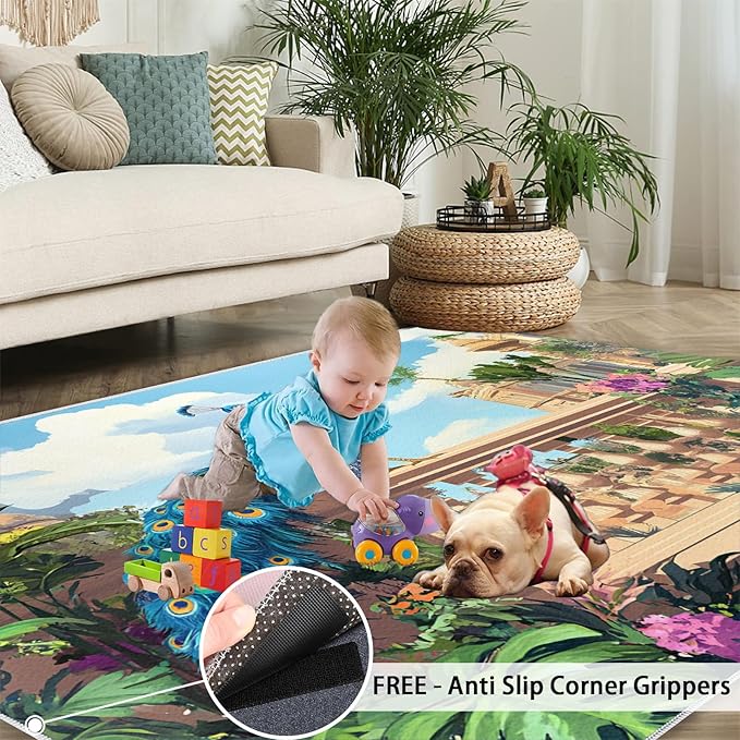 Peacock Rugs for Living Room - 4x6 Rug, Tropical Palm Leaves Area Rugs for Bedroom, Peacock Decor Rug, Floral Animal Washable Carpet, Peafowl Carpet - Peafowl Home Decor & Gifts