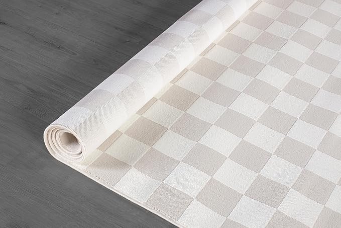 Beverly Rug Modern Geometric Area Rug 9x12 Low-High Pile Durable Soft Abstract Checkered Indoor Rugs for Living Dining Room Office Stain Resistant Non Shedding Casual Indoor Carpet Beige White 9 x 12