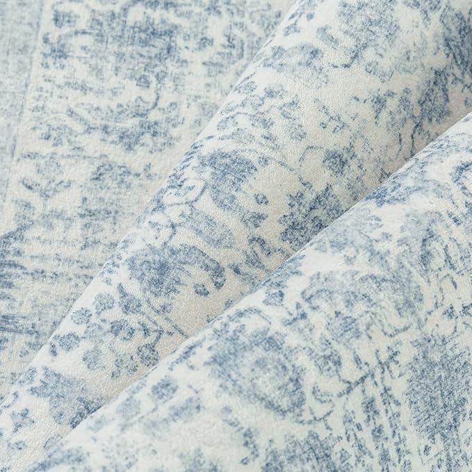 Blue Area Rug 10x12 Machine Washable Large Vintage Living Room Distressed Non Slip Carpet Traditional Indoor Bedroom Grey Retro Floral Accent Throw Rug for Office Kitchen Dining Room