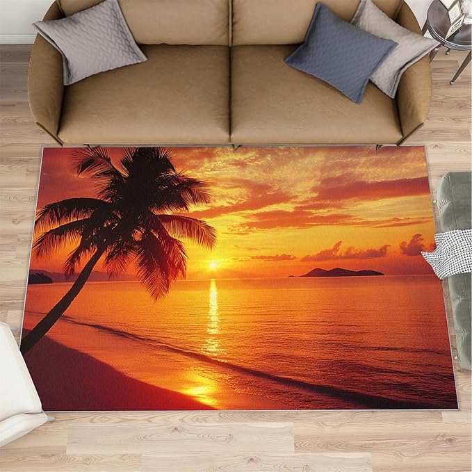 Coastal Rugs for Bedroom - 5x6 Area Rug - Ocean Beach Rugs for Living Room, Sunset Palm Trees Rug, Non-Slip Washable Home Decor Carpet