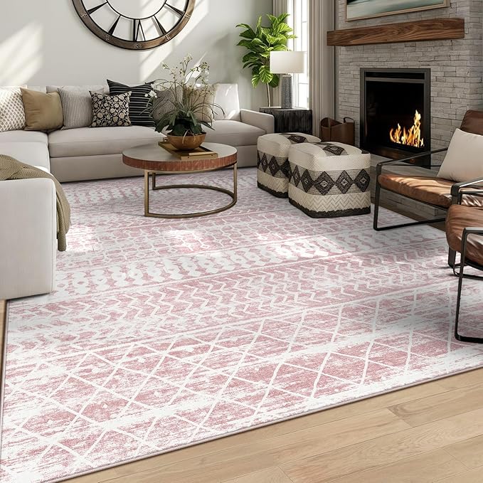 6x9 Machine Washable Area Rug for Living Room, Pink Vintage Moroccan Rug Large Non-Slip Low Pile Soft Faux Wool Carpet, Kids and Pets Friendly for Bedroom Dining Room Farmhouse Home Decor Rug
