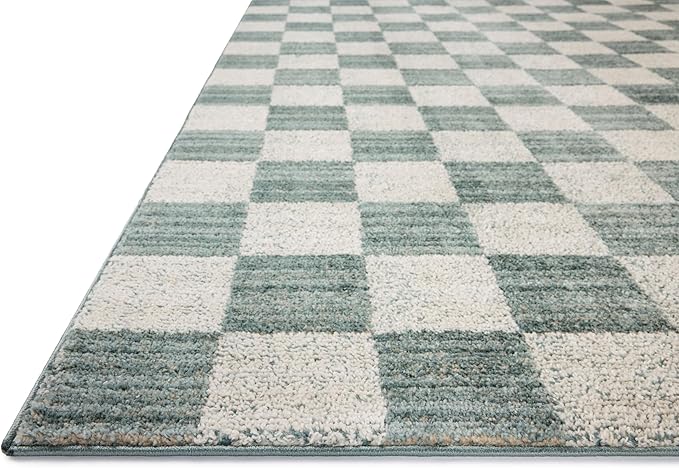 Loloi Chris Loves Julia Calvin Collection CLV-01 Blue/Ivory 7'-10" x 10' Area Rug Checkered Neutral Soft Living Room Bedroom Carpet