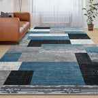 Large Area Rugs,Modern Geometric Patchwork Floor Decor for Bedroom Aesthetic Carpet, Rockwood Collection, Indoor Rugs for Living Room, Dining Room, Nursery, Office, Machine Washable Rug,8x10 Ft Blue