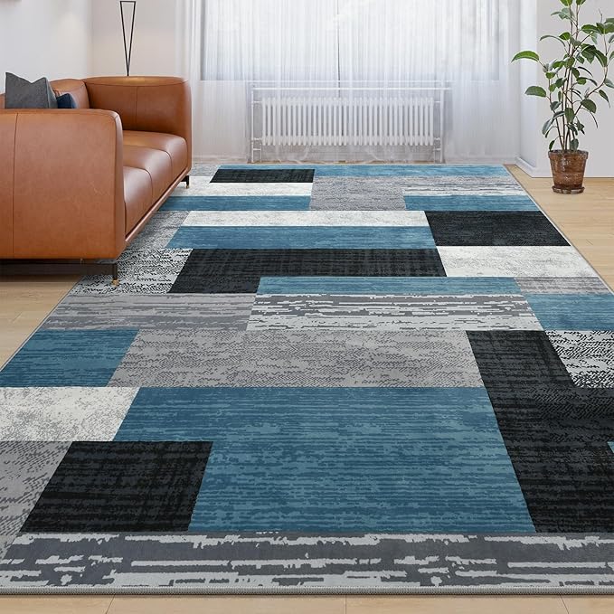 Large Area Rugs,Modern Geometric Patchwork Floor Decor for Bedroom Aesthetic Carpet, Rockwood Collection, Indoor Rugs for Living Room, Dining Room, Nursery, Office, Machine Washable Rug,4x6 Ft Blue