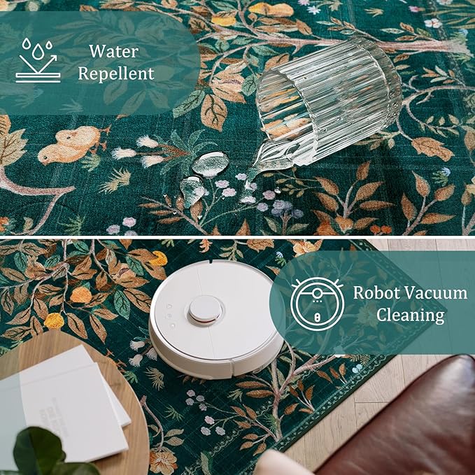 Morebes Boho Living Room Rug 8x10, Washable Kids Playroom Area Rug Non Slip, Soft Large Botanical Flower Indoor Floor Throw Carpet for Bedroom Nursery Dining Room, Dark Green
