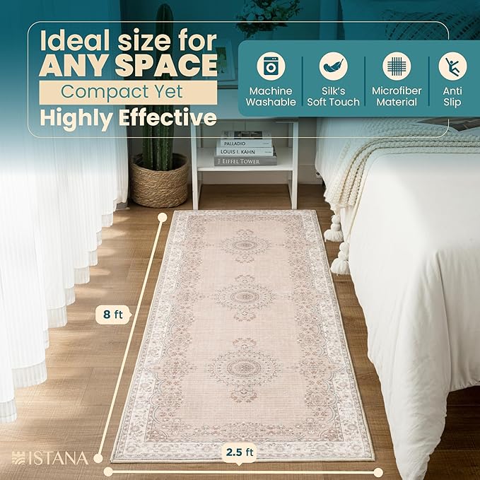 Istana Hallway Runner Rug 2x8 – Beige Entryway Rug -Silk's Soft Touch Runners for Hallways - Stylish Kitchen Runner Rug Non Slip