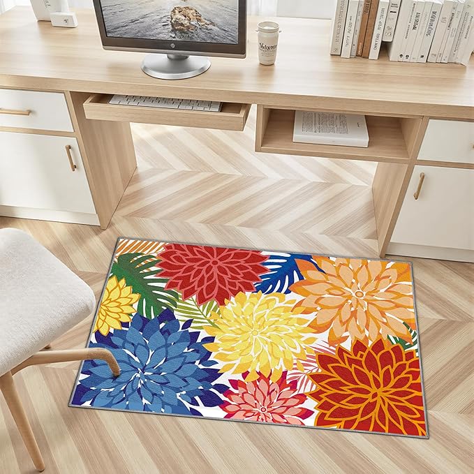 2x3 Colorful Washable Small Rug Tropical Botanical Modern Floral Indoor Chenille Door Mat Carpet Non Slip for Patio, Entry Way, Entrance, Porch, Rainbow