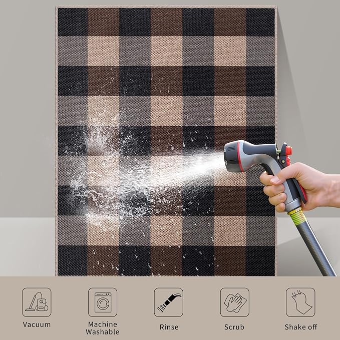 Tangsoo Checkered Easy Jute Runner Rug for Hallways,2x6 Washable Non-Slip Carpet Runner for Kitchen Bedroom Laundry Entryway Black Brown Indoor Outdoor Floor Mat