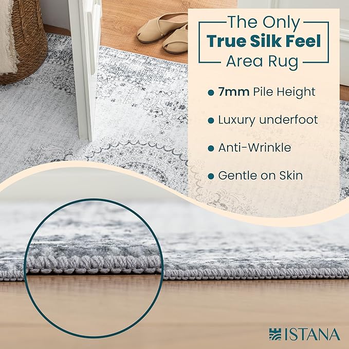 Istana Hallway Runner Rug 2.5x8 - Grey/Gold Kitchen Rugs Non Slip Washable -Silk's Soft Touch Carpet Runner - Stylish Rugs for Home