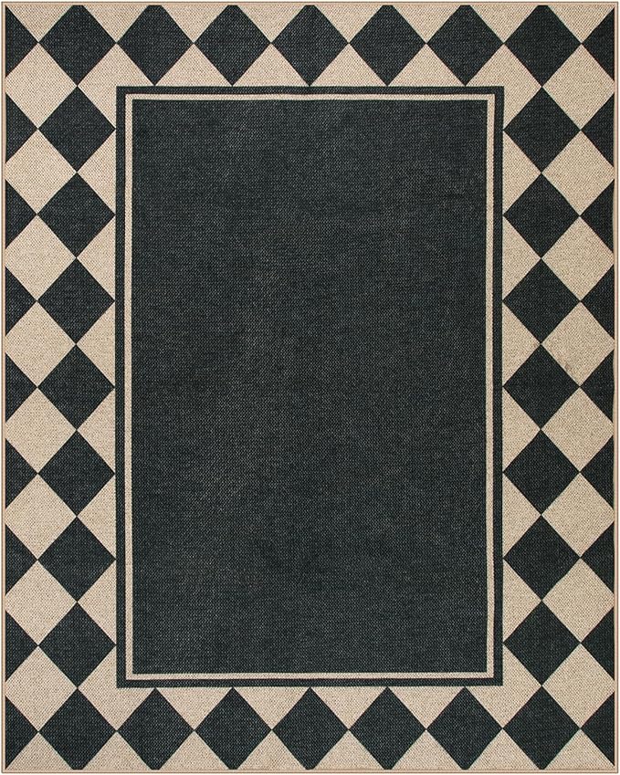 Moynesa Easy Jute Outdoor Rug 8x10 Area Rugs for Living Room, Washable Checkered Indoor Outdoor Patio Rug Non Slip, Farmhouse Carpet for Bedroom Dining Room Table, Black Grid Pattern