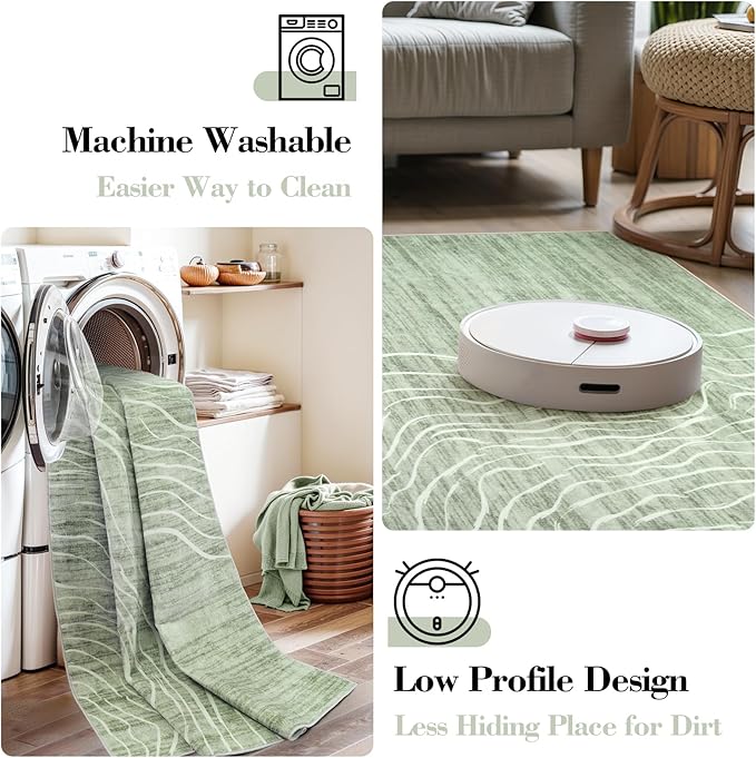 LIVEBOX Machine Washable Modern Abstract 6x9 Area Rug, Non Slip Large Bedroom Living Room Nursery Girl Rug Minimalist Wave Striped Neutral Boys Rug, Carpet for Dining Room Playroom(Sage Green,6'x9')