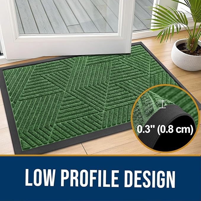 Kitinjoy Front Door Mat Outside Entrance, Sturdy Natural Dirt Trapper, Heavy Duty Rubber Doormat, Low Profile Non-Slip Backing, Easy Clean Floor Mat for Indoor Outdoor Entry, 35X23 Inch, Green
