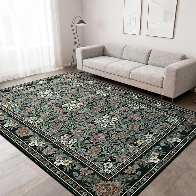 6x9 Black and Green Floral Area Rug for Living Room, Washable Non Slip Rugs for Bedroom Non Slip, Low Pile Large Indoor Accent Carpet for Office, Dining Room, Farmhouse