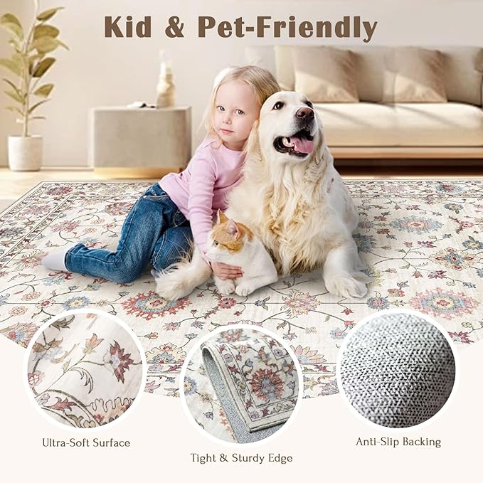 3x5 Washable Area Rug - Small Entryway Rug Non-Slip Cream Colorful Vintage Traditional Floral Kitchen Rugs Low Pile Boho Carpet Throw Rugs for Living Room Bedroom Bathroom Entrance Dorm Office
