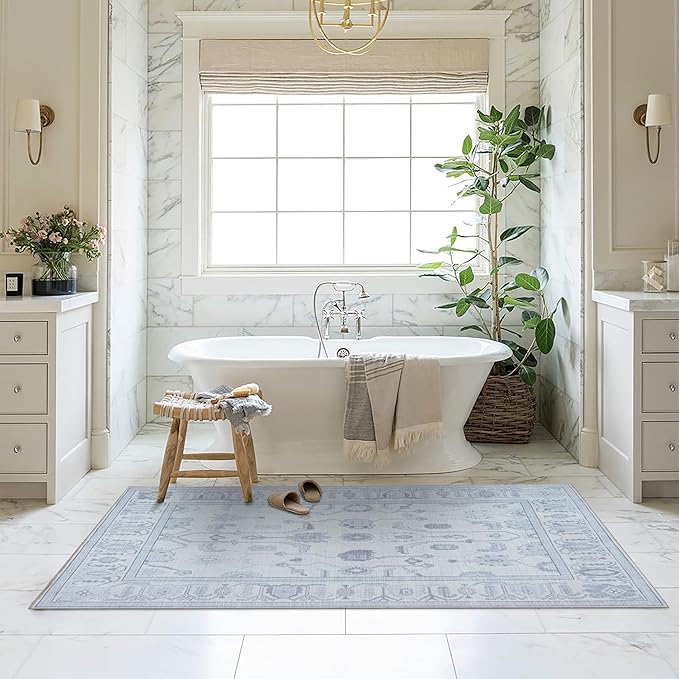 Fame Living Beige Oushak Rug, Modern, Vintage, Turkish, Eclectic, Floral, Pastel, Washable, Area Rugs for Living Room, Dining, Bedroom, Office, Entryway, Foyer, Playroom, Nursery, 5'x6'9"