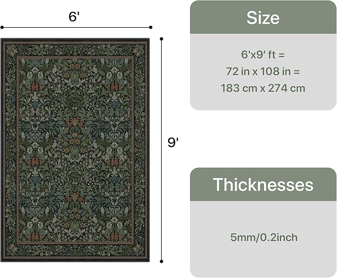 Bavni Floral Dark Green Area Rugs 6x9, Vintage Boho Carpet Machine Washable, Non Slip Soft Low Pile Thin Rug for Bedroom, Living Room, Dining Room, Nursery