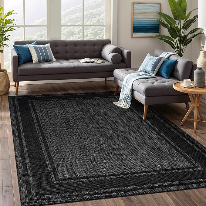 Beverly Rug Outdoor Rug 6x9 Modern Bordered Area Rugs for Indoor and Outdoor Patio Deck Porch Garden Waterproof Weather Sun Resistant Washable Outside Carpet (6 x 9 Black)