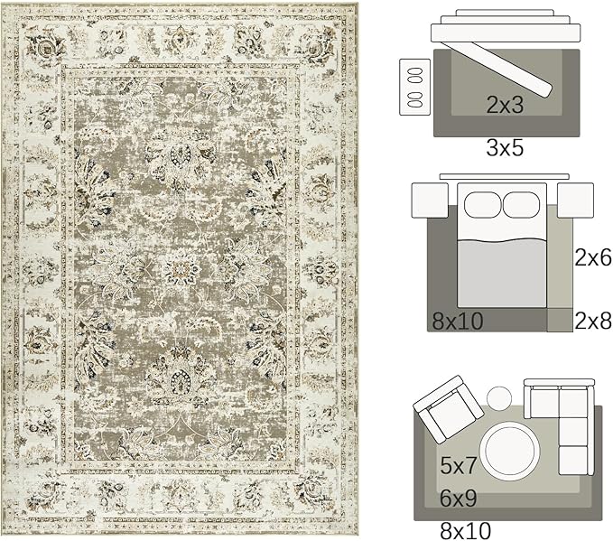 jinchan Fiora Floral 2x3 Rug for Entryway - Vintage Washable Area Rug Ultra-Thin Low Pile Soft Small Non Slip Distressed Indoor Door mat Accent for Entrance Kitchen Bathroom Bedroom (2x3ft, Taupe)