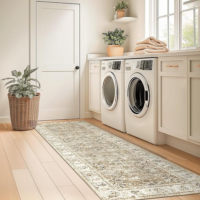 jinchan Fiora Runner Rug 2x5 Machine Washable Hallway Rug Taupe Vintage Floral Print Non-Slip Low Pile Ultra-Thin for Kitchen, Entryway, Laundry Room, Bedroom, Farmhouse (2‘x5’, Taupe)