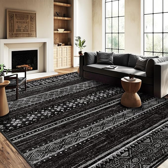 BESTSWEETIE 9x12 Area Rugs for Living Room Washable Moroccan Farmhouse Neutral Geometric Low Pile Non-Slip Soft Print Pattern Rug for Bedroom Kitchen Dining Room Entryway Black/White