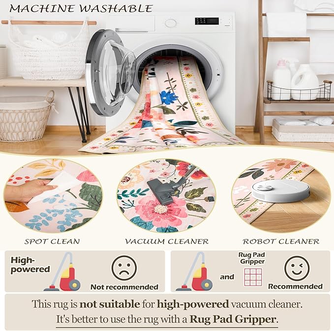 Floral 3x5 Area Rug Machine Washable Soft Print Boho Carpet Non Slip Doormat Low Pile Flower Area Rugs for Living Room Bedroom Nursery Kitchen Dining Room Indoor-Pink