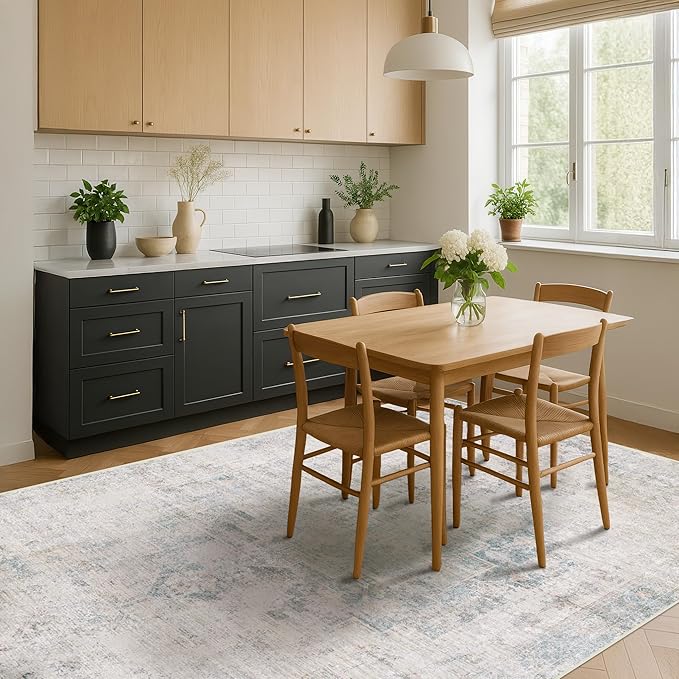Light Blue Farmhouse Area Rug for Bedroom - 6x8 Washable Rug for Dining Room Table, Ultra-Thin Soft Textured Dusty Blue Boho Indoor Decor, Fade & Stain Resistant