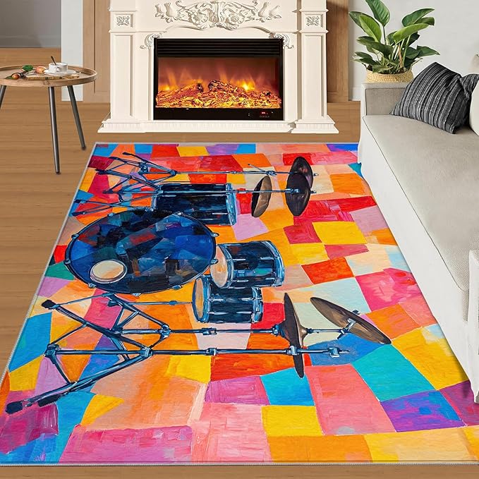 8x10 Drum Set Rugs for Living Room - Abstract Art Large Area Rug, Pop Art Modern Boy Nursery Rug Soft Washable for Classroom Office Bedroom Kids Room
