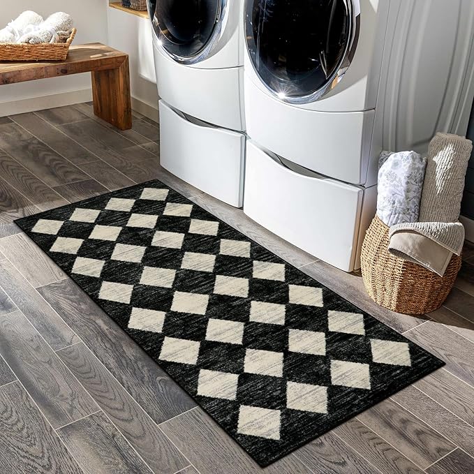 Lahome Washable Black and White Kitchen Runner Rug, 2x5 Soft Non Slip Laundry Room Rug Bathroom Runner Rugs with Rubber Backing, Moroccan Trellis Kid Pet Friendly Carpet Runners for Entryway Bedside
