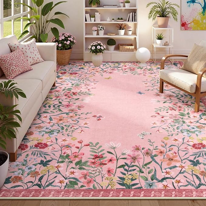 Lahome Boho Floral 8x10 Pink Rugs for Bedroom Girls, Non Slip Washable Nursery Rugs for Living Room, Pastel Indoor Throw Carpet for Dorm Classroom Playroom(Pink,8x10)