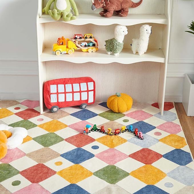 jinchan Macy Area Rug 2x3 Kids Entryway Washable Indoor Doormat Small Soft Non Slip Modern Rug Diamond Carpet for Nursery Room Bedroom Bathroom Circus on Cream