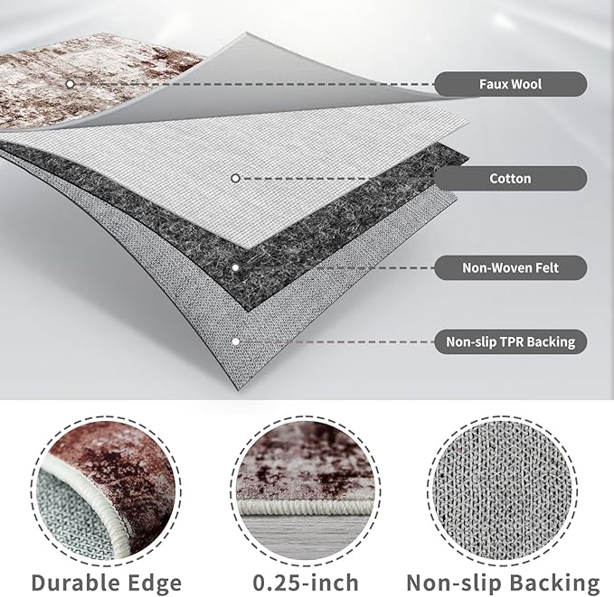 2x6 Washable Runner Rugs for Hallway: Easy-to-Clean Abstract Runners for Entryway Bedroom - Stain and Water Resistant Rugs with Non-Slip Backing - Soft Low-Pile Carpet Brown Khaki White