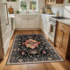 Area Rugs 4'x6' Washable Non-Slip, Floral Vintage Distress Print Pattern Medallion Carpet for Living Room Bedroom Dining Room, Black Colorful Floral Dark Tan
