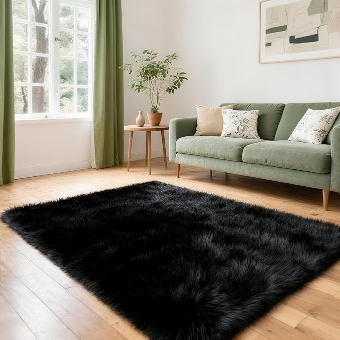 4x6 Solid Fluffy Black Area Rug – Washable, Durable, Living Room Rug, Non-Slip High Pile Shag Rugs for Bedroom, Living Room, Bedside, Dorms, Nursery Rooms, Kids Room, Soft Indoor Floor Carpet