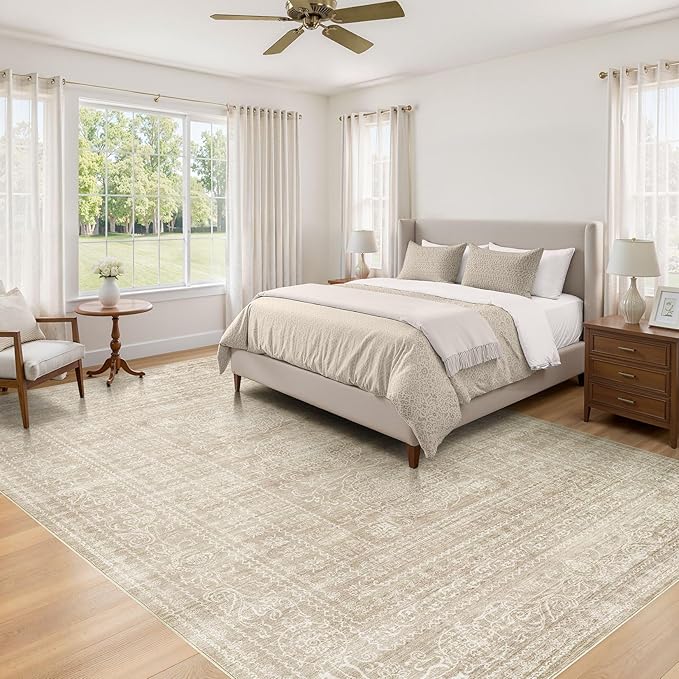 10x12 Area Rug Living Room: Washable Large Vintage Rug Neutral Non-Slip Soft Stain Resistant Indoor Carpet for Bedroom Nursery Dining Room Under Table Bed Home House Office Playroom - Brown