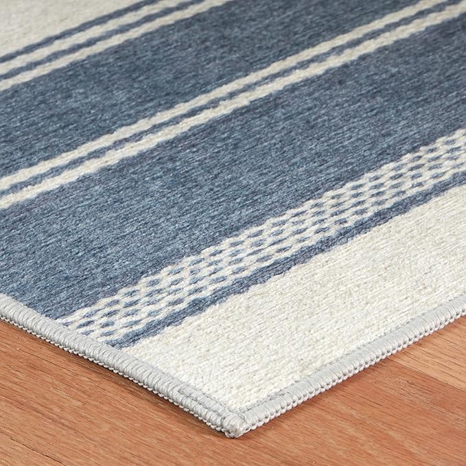 Dash & Albert Bowman Stripe Blue Machine Washable Rug, 4 X 6 Feet, Blue Stripe Pattern
