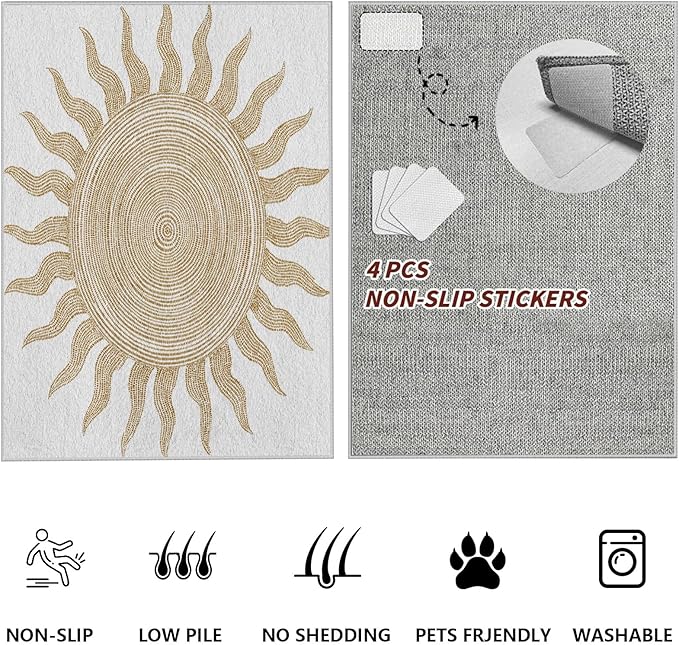 Boho Washable Rugs for Bedroom 7x9, Modern Sun Print Soft Minimalism Area Rug, Non Slip Low Pile Abstract Carpet for Classroom Living Room Decor Dining Room Sofa Kids Nursery Room, Beige Yellow