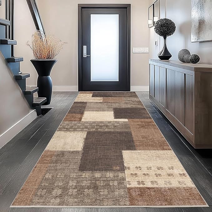 Modern Geometric Patchwork Indoor Runner Rug for Living Room, Beige 2.7'x 8' Large Rug Rockwood Collection Hardwood Floors Decor for Bedroom, Beige Throw Carpet for Office Entryway Dining Room