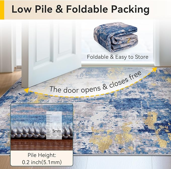 Washable Area Rugs 2'x3' Non-Slip Modern Abstract Soft for Living Room Entryway Bedroom Nursery, Print Pattern, Grey Blue Gold/Golden
