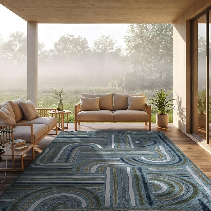 CAMILSON Indoor Outdoor Rug, Aqua 6x9 Geometric Arch Striped Area Rugs for Patio and Home Areas, Easy-Cleaning Non-Shedding Living Room, Garden and Deck Washable Outside Carpet (6 x 9)