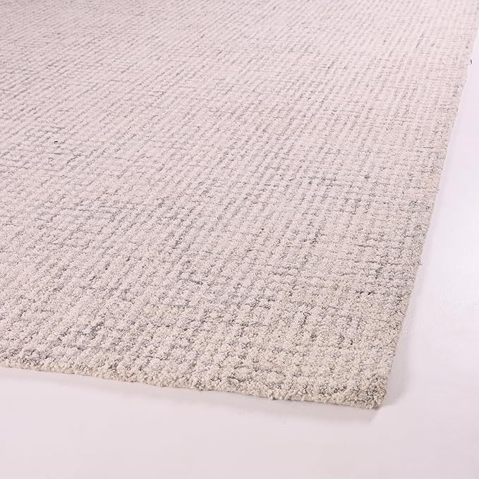 Hand-Tufted 100% Wool Pile Area Rug – Geometric Textured Grid Check Pattern – Thick and Durable Floor Carpet for Bedroom, Living Room, Kids Room, and Dining Area (Ivory Grey, 9' x 9')