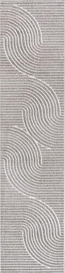 JONATHAN Y Hallie High-Low Curve Gray/Ivory Indoor/Outdoor Runner Rug, 2x10, Minimalist, Pet Friendly, Non-Shedding, Stain Resistant, Hose-Washable for Backyard, Patio, Porch (SCN100A-210)