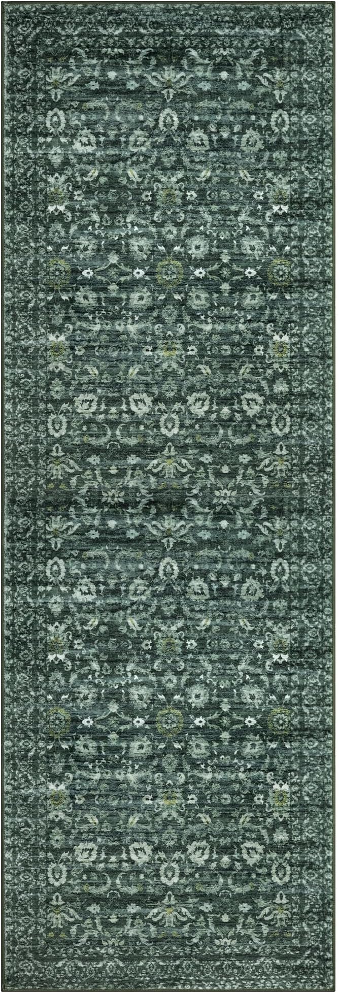 Runner Rug 2.6x16, Dark Green Washable Long Hallway Rug Runner Non-Slip Soft Kitchen Runner Thin Printed Faux Wool Super Soft Carpet for Entryway Bedroom Laundry Room Indoor Home Decor
