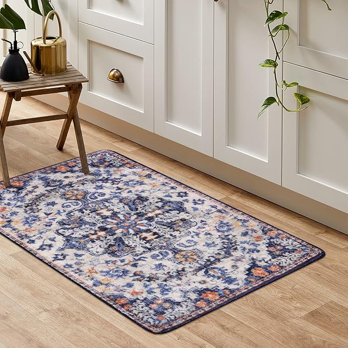 Lahome Bohemian Floral Medallion Area Rug - 2x3 Blue Small Kitchen Rug Machine Washable Front Door Rug, Soft Non Slip Indoor Floor Throw Carept for Bedroom Bathroom Mud Room Entry Way