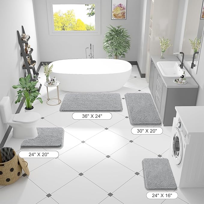 OLANLY Bathroom Rugs 47x20, Extra Soft Absorbent Chenille Bath Rugs, Rubber Backing Quick Dry, Machine Washable Bath Mats for Bathroom Floor, Tub and Shower, Home Decor Accessories, Light Grey