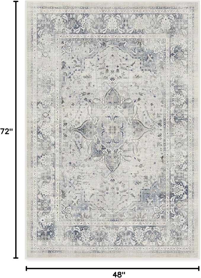 RUGGABLE Washable Vintage Area Rug – Sarrah Blue Quartz 4x6, Stain-Resistant, Non-Slip – Medium Machine Washable Rugs for Living Room, Bedroom, Hallway, Entryway & Office–with Standard Pad