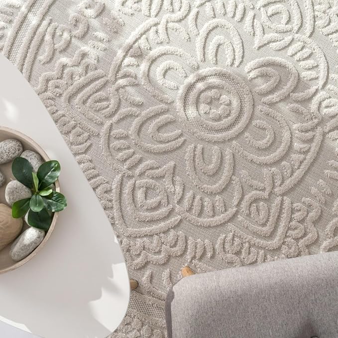 Paco Home Modern in- and Outdoor Rug with Carved Oriental Mandala Pattern in Cream, Size: 2'8" x 4'11"